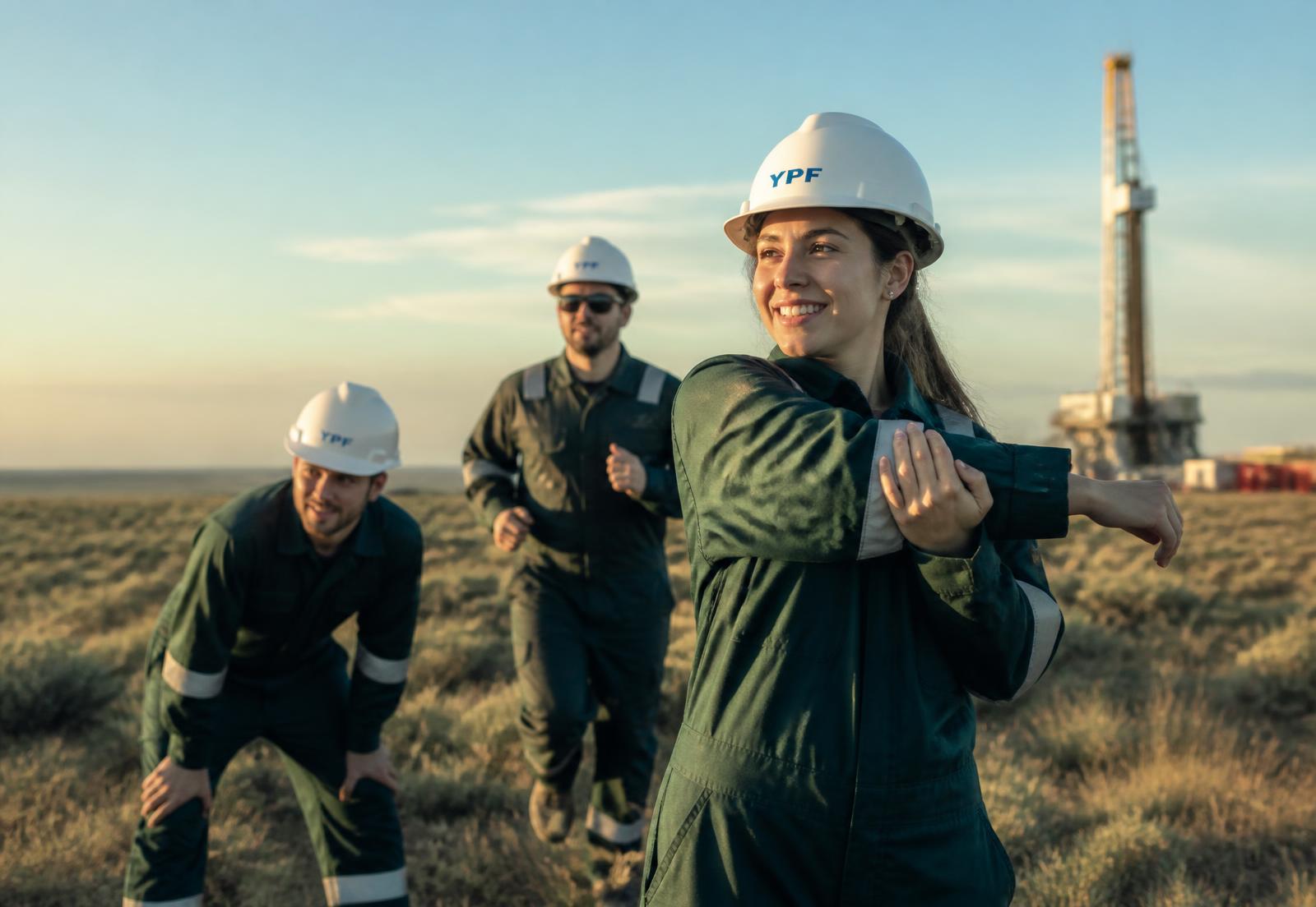 Trabajadores de la industria energética en la Patagonia compartiendo una pausa activa